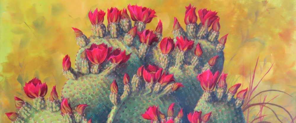 An oil painting on canvas of cactus paddles close up
